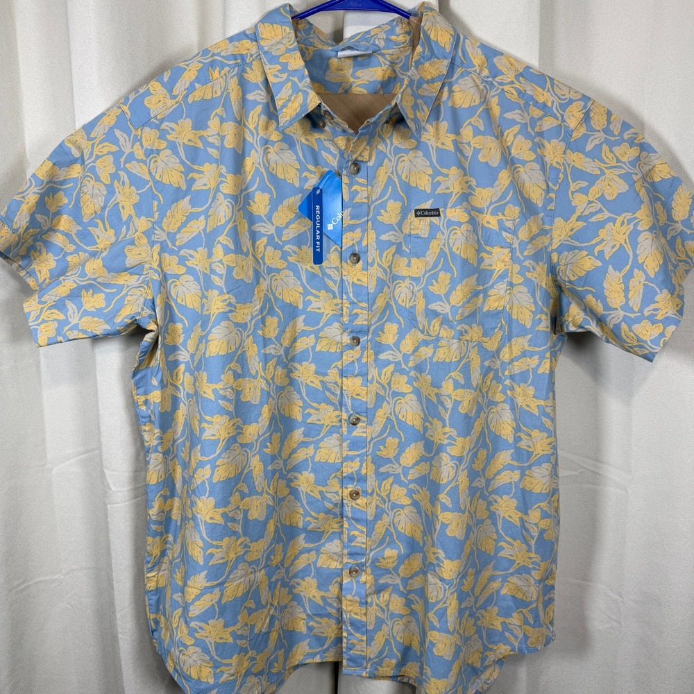 Columbia Shirt Mens XXL Blue Floral Short Sleeve Button Up Regular Fit